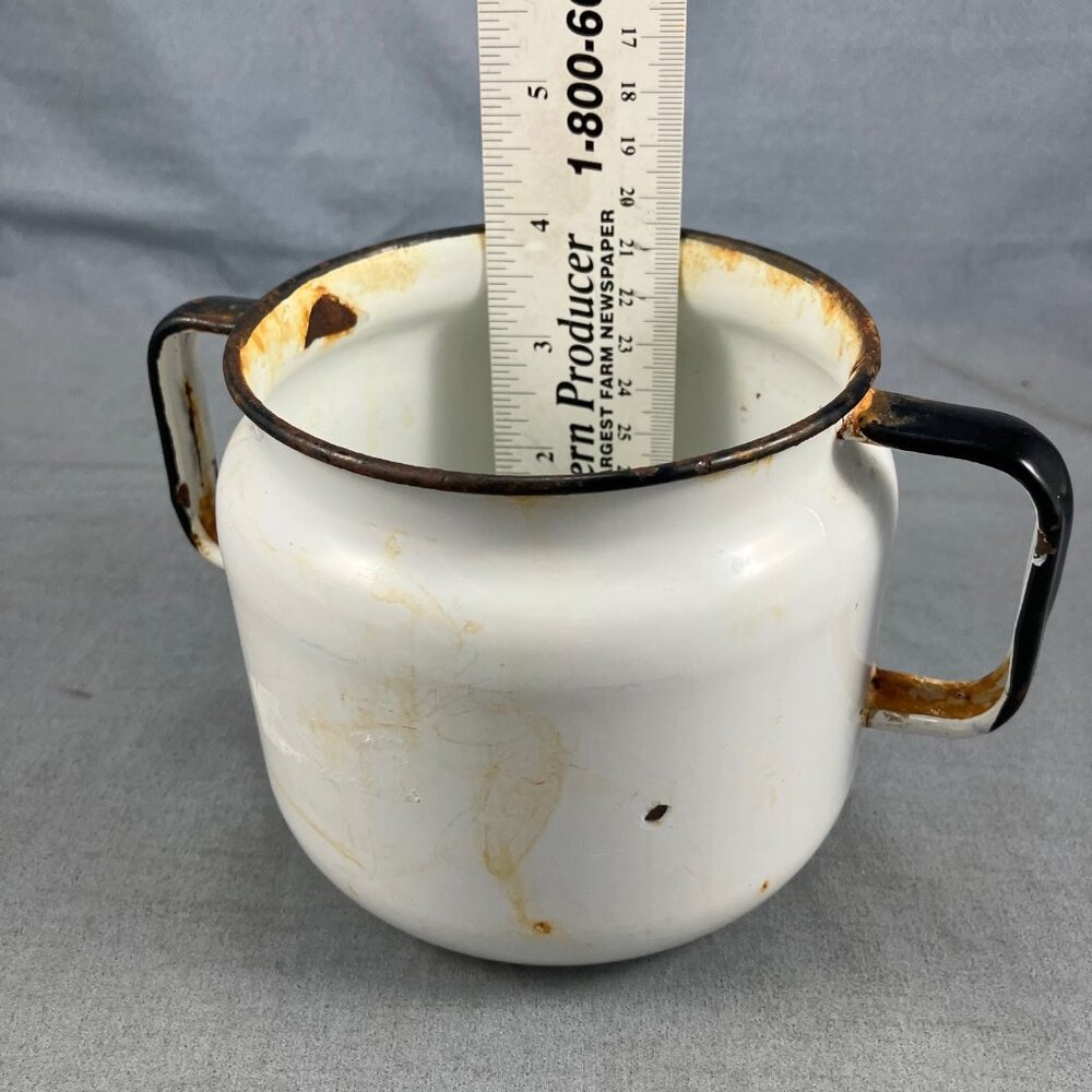 Vtg white enamelware Sugar Bowl or Cream Jar Jug, 2 Handles, no,lid, rust, chips